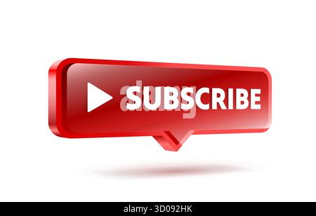 Bouton S'abonner 3D rouge brillant avec icône de lecture. Appel à l'action des médias sociaux modernes. Illustration vectorielle Illustration de Vecteur