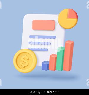 Graphique financier 3D avec document, graphique circulaire, graphique à barres et pièce de monnaie pour la planification budgétaire de campagne, l'analyse commerciale et l'illustration vectorielle de concepts de stratégie marketing Illustration de Vecteur