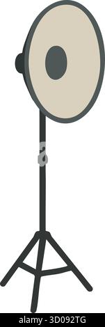 Un réflecteur circulaire avec diffuseur central est fixé sur un grand trépied pour un éclairage portrait et mode Illustration de Vecteur