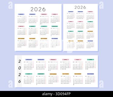 Ensemble de calendrier annuel 2026 dans une disposition moderne carrée, horizontale et portrait avec des en-têtes de mois colorés. Typographie minimale, design épuré Illustration de Vecteur