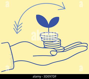 Main tenant pile de pièces de monnaie avec croissance de plantes, représentant l'investissement et la croissance Illustration de Vecteur