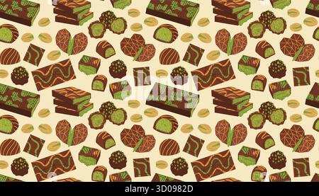 Modèle sans couture avec chocolat Dubaï et doux oriental avec pistache dans un style de dessin animé plat. Délicieux fond de dessert pour la conception de confiserie, Illustration de Vecteur