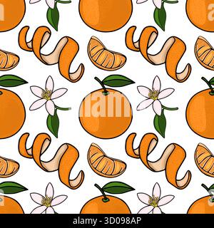 Motif vectoriel sans couture avec des mandarines entières, des spirales de mandarine pelées, des tranches de mandarine et des fleurs délicates de mandarine avec des feuilles vertes sur un Illustration de Vecteur