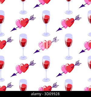 Motif sans couture avec des coeurs rouges et roses percés de flèches et de verres de vin rouge dans un style plat. Conception pour l'amour de romance et le thème de célébration. Illustration de Vecteur