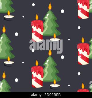 Un motif festif sans couture avec des bougies rayées rouges et blanches, des lumières brillantes et des arbres de Noël verts abstraits sur une nuit sombre et enneigée, parfait pour co Illustration de Vecteur