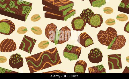 Texture douce sans couture avec des bonbons Dubaï et du chocolat à la pistache dans un style de dessin animé plat mignon. Savoureux art de dessert oriental pour impression, étiquette, packagin Illustration de Vecteur