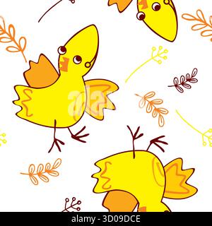 vecteur dessiné à la main orange drôle oiseau mignon, différentes plantes de ligne, fleurs, herbe, orange, couleurs marron, modèle sans couture de dessin animé souriant fantastique b Illustration de Vecteur