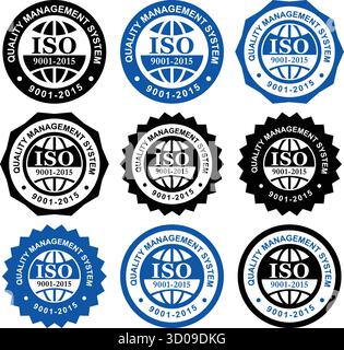 Badges de certification de gestion de la qualité ISO 9001 et scellés d'approbation Illustration de Vecteur