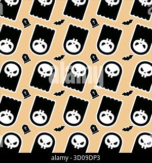 Ce motif sans couture est parfait pour les projets sur le thème d'Halloween, mettant en vedette des fantômes, des chauves-souris et des pierres tombales sur un fond beige Illustration de Vecteur