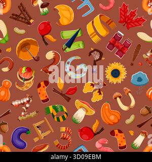 Police automne, Thanksgiving Fall typeface lettres sans couture. Toile de fond vectorielle transparente de la saison d'automne. Motif Thanksgiving avec rose musquée, feuilles, champignons, chaussettes et foulards lettres de l'alphabet Illustration de Vecteur