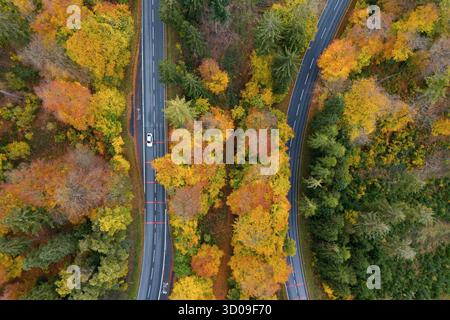 Francfort, Hesse, Allemagne. 22 octobre 2025. Les voitures traversent les forêts colorées d'automne dans les collines du Taunus près de Francfort, en Allemagne. (Crédit image : © Matias Basualdo/ZUMA Press Wire) USAGE ÉDITORIAL SEULEMENT ! Non destiné à UN USAGE commercial ! Banque D'Images