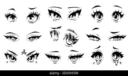 Yeux faciaux animés Kawaii avec diverses expressions - de grandes pupilles scintillantes, de longs cils et différentes émotions pour les personnages de manga. Paires d'yeux de dessin animé japonais mignon vecteur noir et blanc avec des sourcils. Illustration de Vecteur