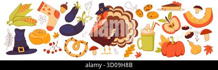 Éléments de dîner de Thanksgiving avec tarte et dinde, citrouille, maïs et friandises d'automne pour les fêtes de fin d'année ou les motifs saisonniers. Chapeau de pèlerin, boissons chaudes et plats festifs. Décoration de récolte. Illustration de Vecteur