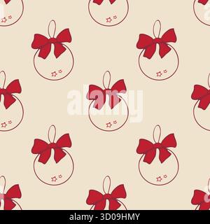 Motif sans joint avec boules et noeuds de Noël à contour rouge Illustration de Vecteur