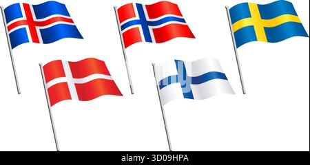 drapeaux scandinaves volants sur des mâts de drapeaux ensemble de 5 danemark islande norvège suède finlande vecteur d'icône en soie sur fond transparent Illustration de Vecteur