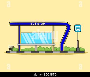 Arrêt de bus de conception plate avec signe et abri illustration vectorielle dessin animé Illustration de Vecteur