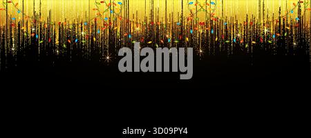 Paillettes dorées et brins de lumière étincelants avec des ampoules multicolores sur fond noir. Bannière de bordure de particules scintillantes qui s'égoutte. Illustration vectorielle. Illustration de Vecteur