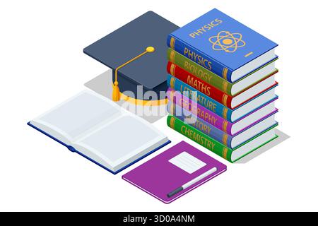 Pile isométrique de livres avec chapeau de graduation, livre ouvert et cahier. Symbole de l'étude, de l'enseignement universitaire et de la préparation académique. Manuels scolaires Illustration de Vecteur