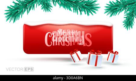 Bannière festive Joyeux Noël avec branches de sapin enneigé et cadeaux. Une illustration joyeuse de vacances parfaite pour les salutations saisonnières. Illustration vectorielle Illustration de Vecteur