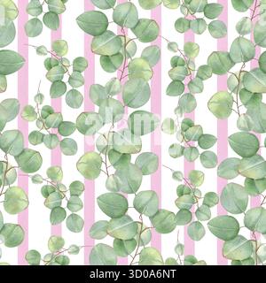 Motif aquarelle sans couture avec des branches d'eucalyptus vert sur fond de trait rose. Plantes aromatiques peintes à la main avec des feuilles ornées pour les papiers peints Banque D'Images