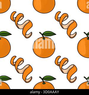 Motif vectoriel sans couture d'oranges entières et de pelures de mandarine torsadées avec des feuilles vertes sur un fond blanc, évoquant un thème d'agrumes frais. Illustration de Vecteur