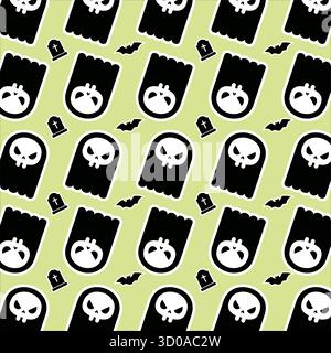Ce motif sans couture est parfait pour les projets sur le thème d'Halloween, mettant en vedette des fantômes, des chauves-souris et des pierres tombales sur un fond vert clair Illustration de Vecteur