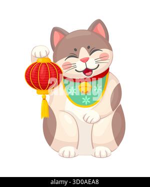 Maneki neko chat chanceux japonais avec lanterne en papier pour la chance ou la fortune, personnage de dessin animé vectoriel. Maneki neko chat ou animal jouet avec lanterne en papier rouge chinois et cloche dorée pour symbole de chance ou de fortune Illustration de Vecteur