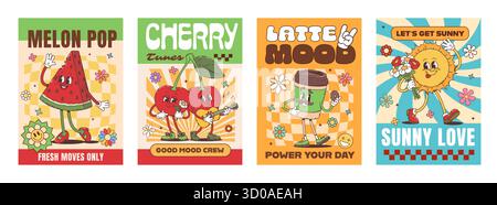 Personnages de nourriture hippie groovy sur des affiches avec des fruits drôles, ensemble vectoriel rétro de dessin animé. Affiches groovy, soleil hippie et tasse de café funky, personnage de pastèque avec sourire sur le visage et cerise jouer de la guitare Illustration de Vecteur