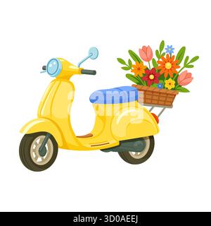 Scooter rétro jaune vif avec siège bleu et panier de fleurs sur le dos, illustration vectorielle isolée Illustration de Vecteur