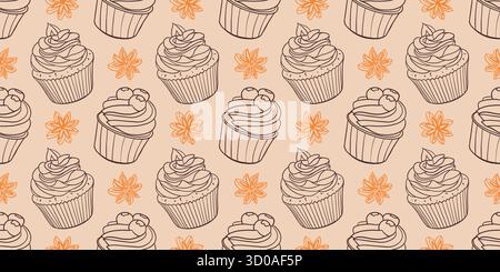 Muffin modèle sans couture avec crème et pépites de chocolat dans le dessin de style doodle. Desserts sucrés de vacances, fond de pâtisseries. Conception pour papier d'emballage Illustration de Vecteur