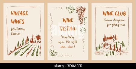 Ensemble de craie, crayon, pastel, crayon dessiné à la main doodle affiche vinicole. Vin rouge et blanc espagnol, italien, grec, français. Rural Country side sketch la Illustration de Vecteur