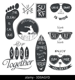 Jeu de badges de surf, illustration vectorielle. Étiquettes de surf vintage et typographie. Citations de surf dessinées à la main, emblèmes de surf, lunettes de soleil et icônes d'empreinte Illustration de Vecteur