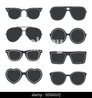 Lunettes de soleil ensemble d'icônes, illustration vectorielle. Lunettes de soleil rétro silhouettes, montures, rond, oeil de chat, coeur. Teintes Set pour la mode, été, plage, Festival Illustration de Vecteur