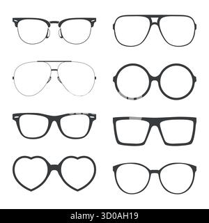 Lunettes de soleil ensemble d'icônes, illustration vectorielle. Lunettes de soleil rétro montures silhouettes, montures, rond, oeil de chat, coeur. Teintes Set pour la mode, l'été, la plage Illustration de Vecteur