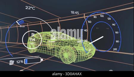 Affichage tableau de bord montrant le modèle de voiture filaire vert dans le tunnel avec compteur de vitesse et une portée de 114 km. Futuriste, technologie, innovation, visualiza de données Banque D'Images