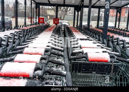 Panneaux publicitaires sur les chariots pour l'épicerie du supermarché Kaufland Banque D'Images