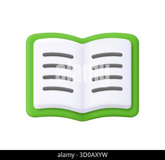 Livre ouvert avec couverture verte, pages blanches et lignes de texte grises. École, éducation, apprentissage, lecture, littérature et concept de connaissance. icône de vecteur 3d. C Illustration de Vecteur