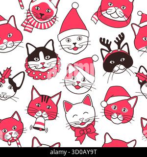 Mignons chats heureux célébrant Noël fond de modèle sans couture Illustration de Vecteur
