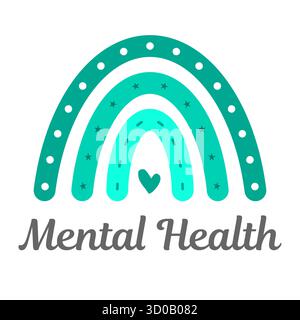 Santé mentale Boho arc-en-ciel. Positivité, soutien, bien-être émotionnel, concept de message. Symbole de pleine conscience, psychologie et sensibilisation à la santé mentale. Illustration de Vecteur