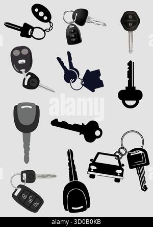 Ensemble de clé de voiture avec télécommande isolé sur fond blanc Illustration de Vecteur