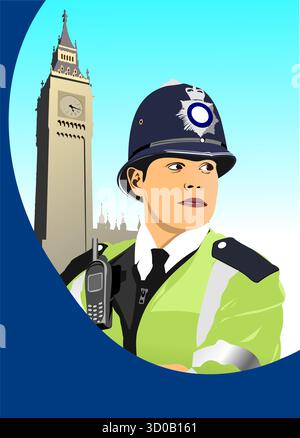 Illustration d'une femme officier de police britannique en uniforme avec Big ben en arrière-plan Illustration de Vecteur