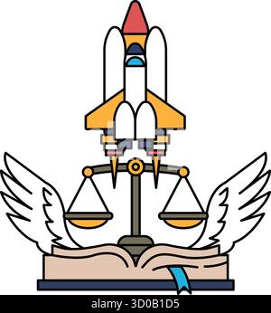 Dessin noir et blanc d'une fusée et écailles de justice. La fusée est au-dessus des échelles, qui sont ouvertes à droite. Concept d'équilibre et j Illustration de Vecteur
