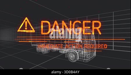 Affichage d'un semi-camion filaire dans une grille 3D indiquant le danger orange et l'action immédiate requise Banque D'Images