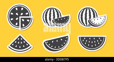 Collection d'icônes autocollants pastèque dans un style plat. Illustration vectorielle de fruits frais doux et sains sur fond isolé. Panneau de nourriture d'été busin Illustration de Vecteur
