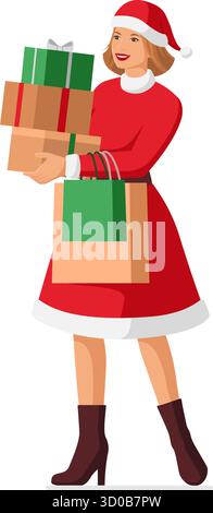 Belle femme de style vintage portant un costume de Père Noël et tenant des cadeaux de Noël, vacances et concept de shopping, isolé Illustration de Vecteur