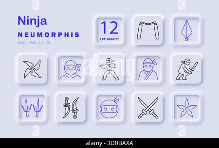 Icône Ninja Set. Masque, épée, nunchaku, étoile de lancement, poignards, pose, duel, lames jumelles, furtivité, yeux, shuriken, arts martiaux de mouvement avec des armes à vitesse Illustration de Vecteur