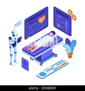 Robot ai isométrique surveillant la santé des patients. Concept AI Healthcare Monitoring Illustration de Vecteur