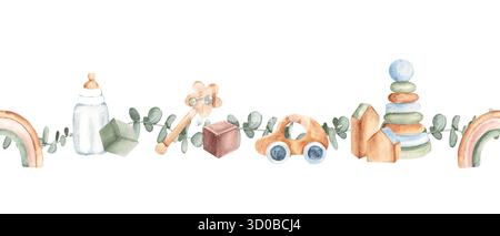 Bordure sans couture de jouets de bébé d'aquarelle, modèle avec voiture, bouteille de lait, hochet, jouet empilable, branches d'arc-en-ciel et d'eucalyptus. Pépinière peinte à la main Banque D'Images