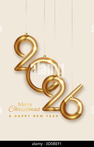 Bonne année 2026 pendants numéros d'or. Décoration de vacances de Noël conception verticale de carte de voeux pour invitation, calendrier, fête, luxe doré Illustration de Vecteur