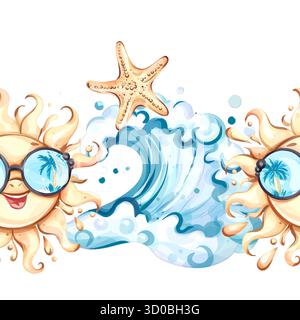 Joyeux motif sans couture d'été, fond, papier peint avec des soleils joyeux et des vagues ludiques, parfait pour les vibrations de vacances, la détente de plage, et Illustration de Vecteur